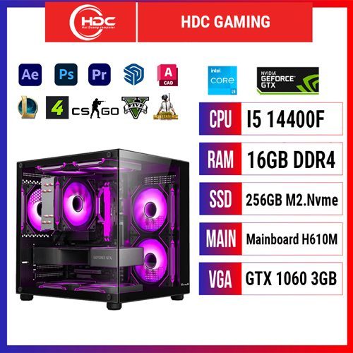 PC HDC GAMING CPU Intel i5 14400F – RAM 16GB DDR4 – SSD 256Gb M2.Nvme – MAIN H610 – GTX 1060 3GB